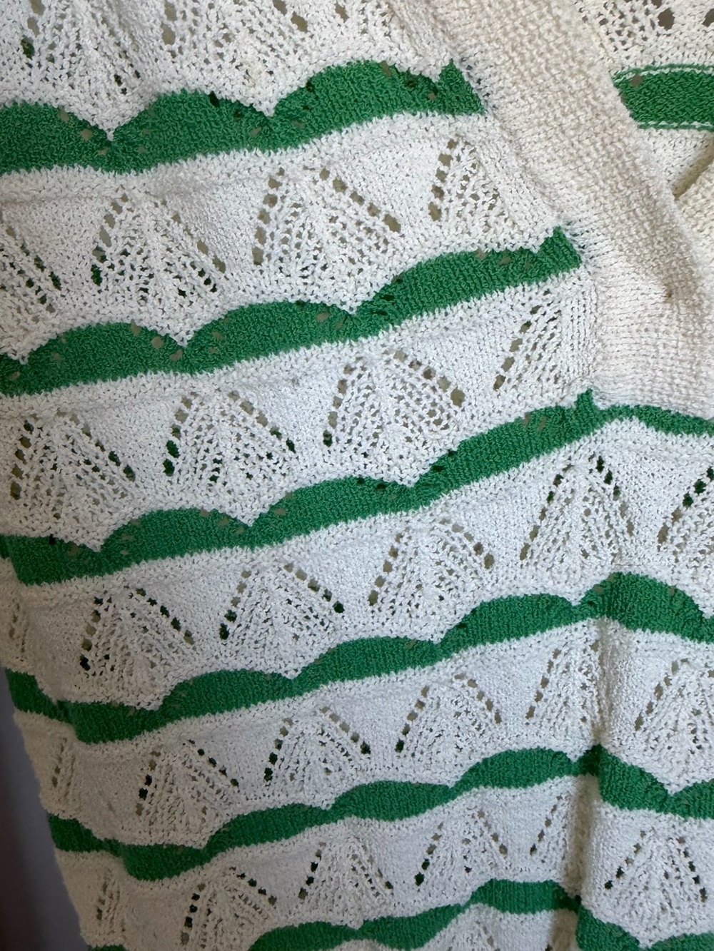 Sandro Paris Pointelle Knit Polo Sweater – Green & Ivory Striped – Size 1 - Picture 4 of 6